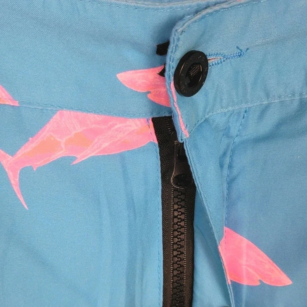 Native Blue Pink Shark Print Swim Trunks Mens M Board Shorts Zip Pocket Vacation